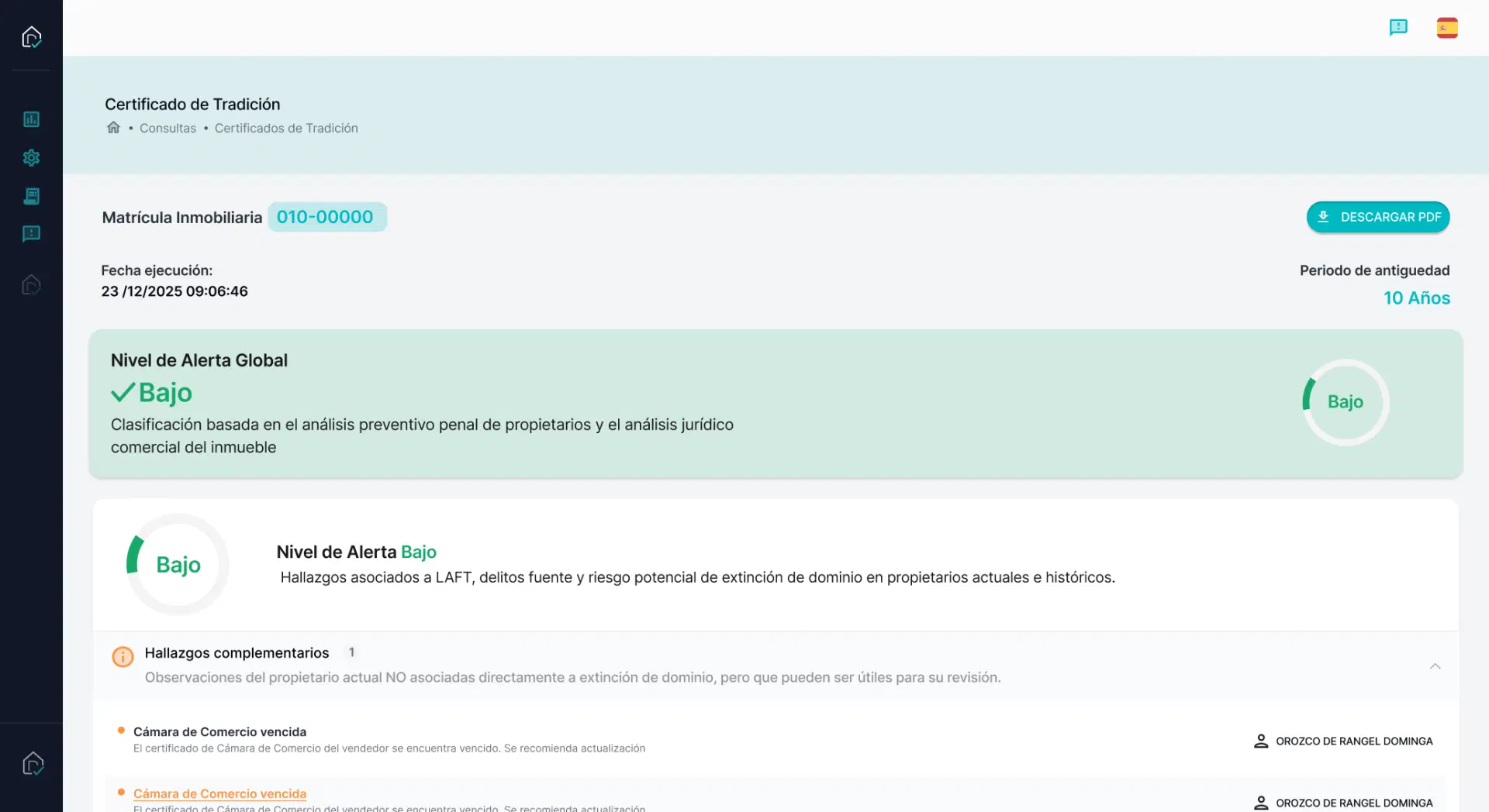 Reporte de Certificado de Tradición en TradentIA, con nivel de alerta global y hallazgos